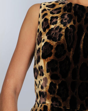 Dolce & Gabbana Brown Leopard Print Velours Sleeveless Mini Dress Size IT 44 (UK 12)