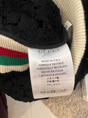 Gucci Black Lace Bomber Jacket with White, Red and Green Knitted Collar and Cuffs and GG Logo Detail Size IT 38 (UK 6)
