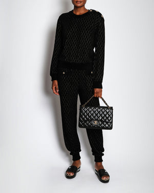 Chanel 20/C Black Quilted Knitted Trousers with CC Embellished Button Detail Size FR 40 (UK 12)