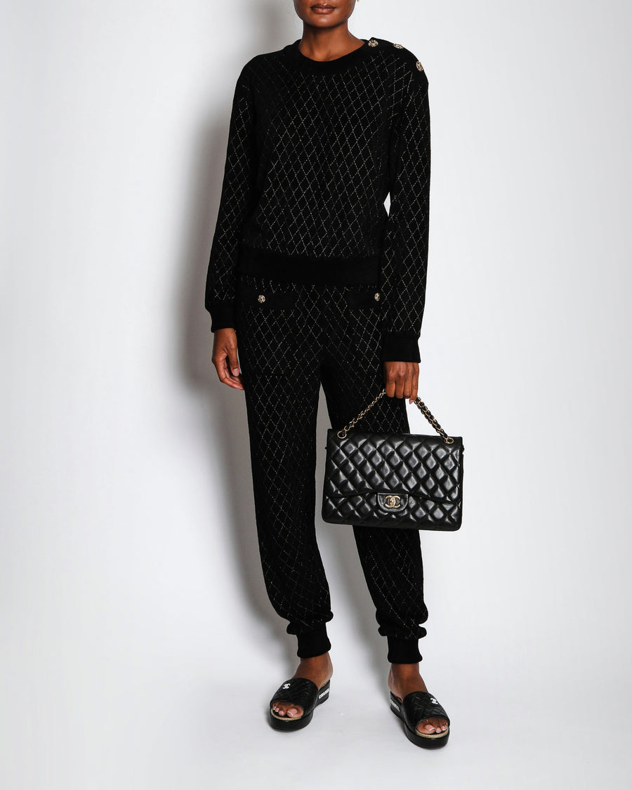 Chanel 20/C Black Quilted Knitted Trousers with CC Embellished Button Detail Size FR 40 (UK 12)