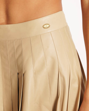 Chanel 05A Beige Leather Pleated Mini Skirt with Gold CC Logo Detail Size FR 42 (UK 14)