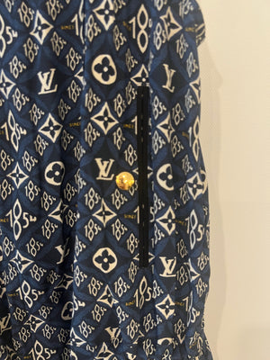 Louis Vuitton Since 1854 Navy Silk Mini Dress with White Monogram and Gold Logo Buttons Size FR 38 (UK 10)
