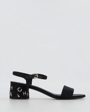 Chanel Black Crystal Embellished Open-Toe Sandals with Chanel Logo Rhinestone Block Heel Detail Size EU 39.5
