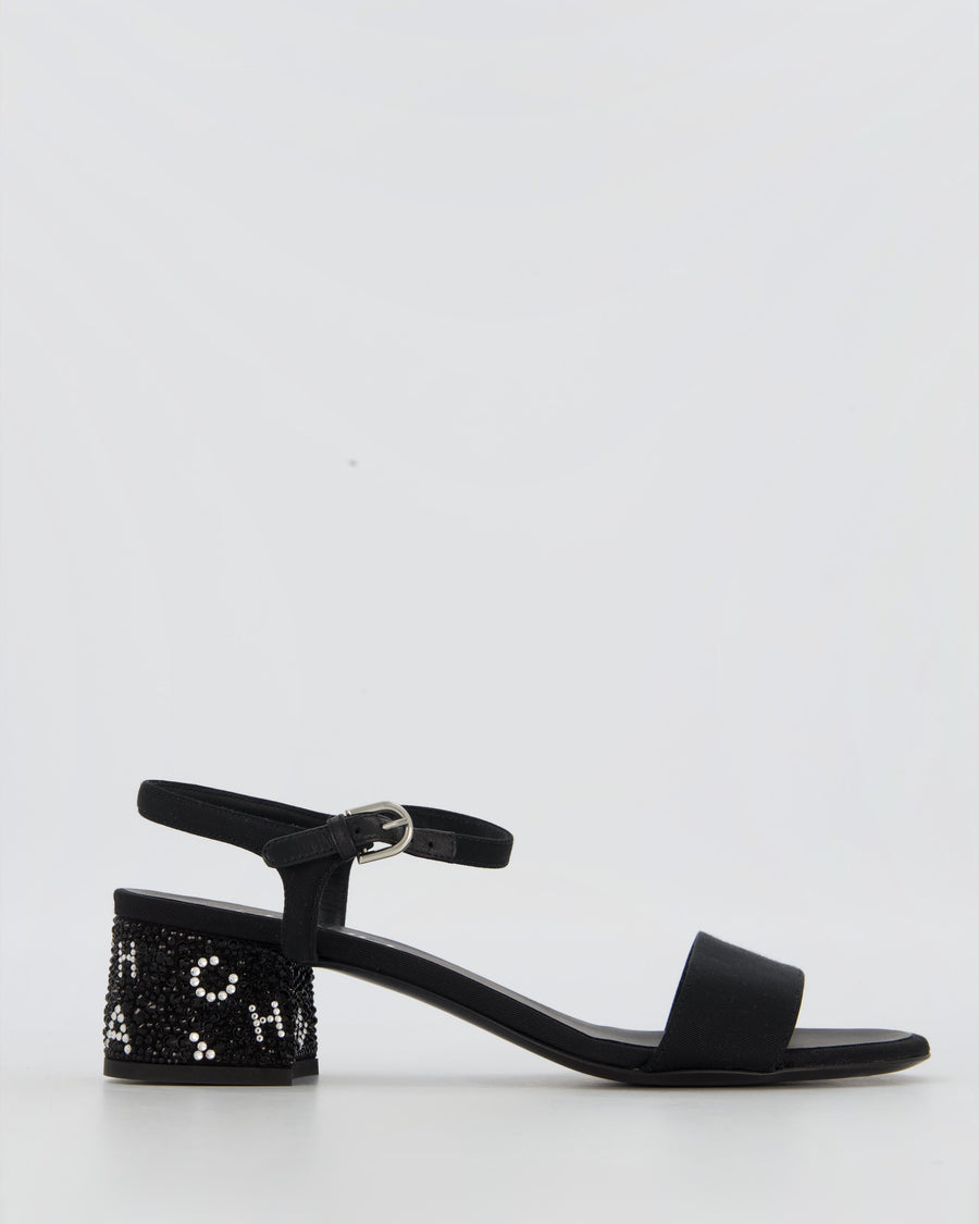 Chanel Black Crystal Embellished Open-Toe Sandals with Chanel Logo Rhinestone Block Heel Detail Size EU 39.5