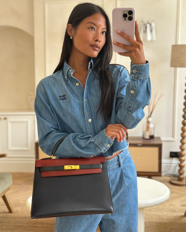 *FIRE PRICE* Hermès Vintage Tri-Colour Kelly 32cm Bag in Rouge H, Bleu Indigo and Vert Fonce Box Leather with Gold Hardware