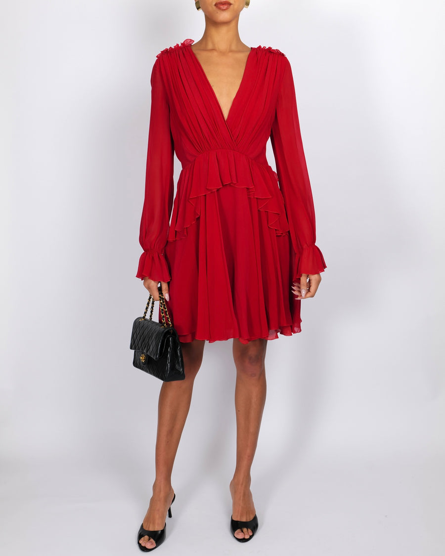 Giambattista Valli Red Silk Long-Sleeved Mini Dress with Ruffle Details Size IT 42 (UK 10)