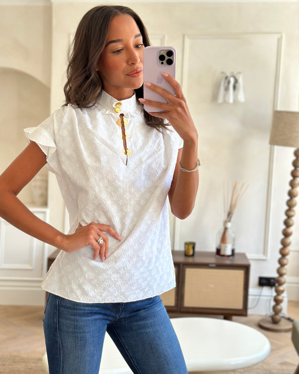 Louis Vuitton White Cotton Short Sleeve Shirt With Monogram Embroidery and Gold Logo Detail Size FR 36 (UK 8)