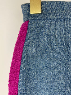 Chanel Fuchsia Pink Tweed Longline Blazer and Mini Skirt Set with Denim Trim & Gold Logo Button Detail Size FR 40 (UK 12)