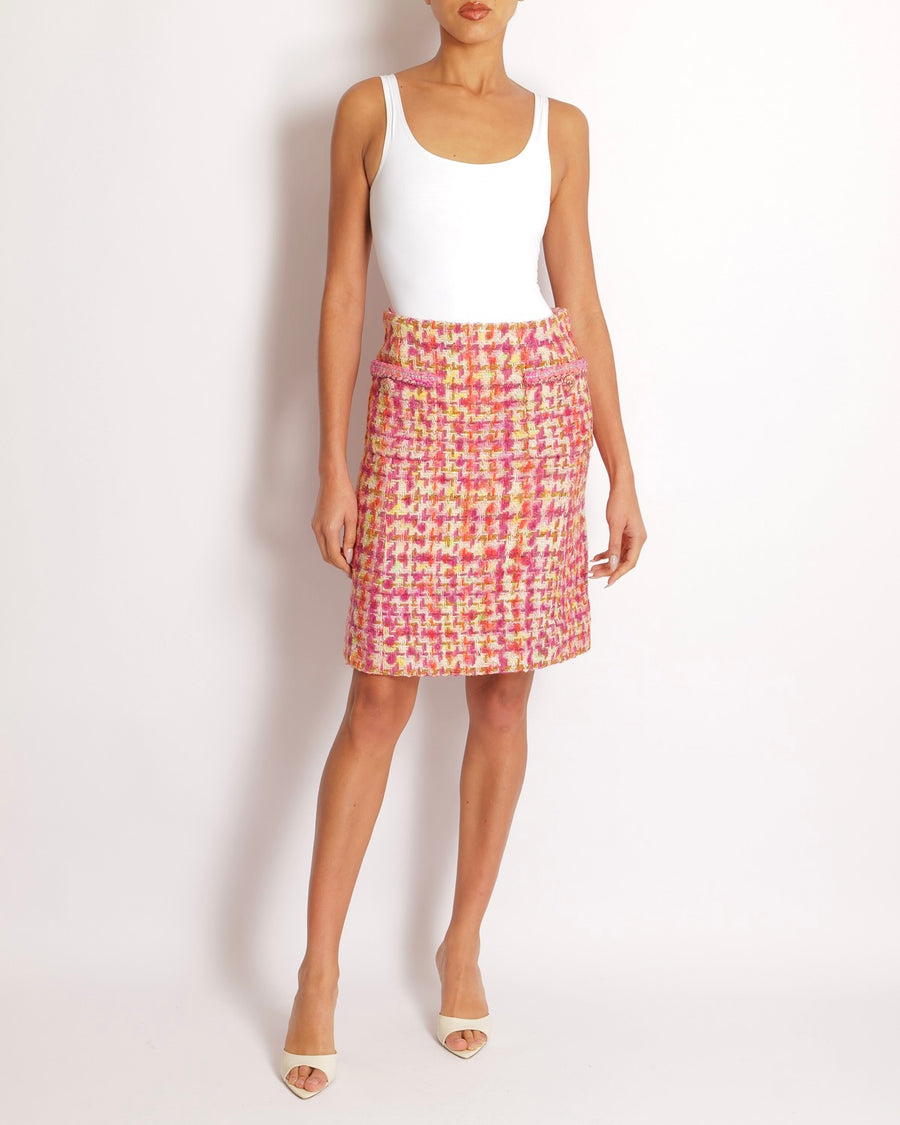 Chanel Tweed Pink and Multi-Colour Mini Skirt with Champagne Gold CC Logo Details Size FR 34 (UK 6)