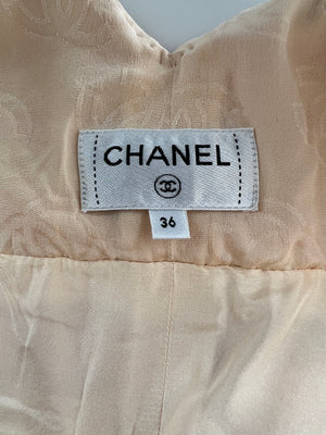 *RUNWAY* Chanel 23S Peach Cream Tweed Check V-Neck Jumpsuit with Patel Pink CC Button Size FR 36 (UK 8)