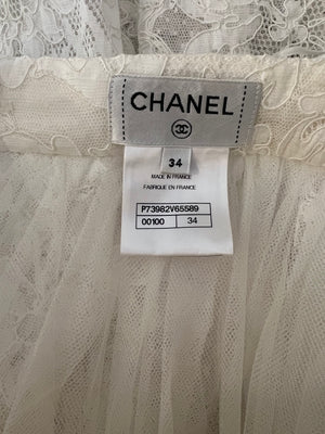 Chanel Resort 2023 White Tiered Lace Maxi Skirt with White Pearl and Crystal CC Logo Button Detail Size FR 34 (UK 6)