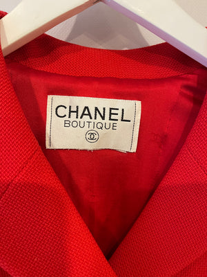 Chanel Vintage Spring 1995 Red Two-Piece Jacket and Pleated Skirt with Gold CC Logo Button FR 40 (UK 12)