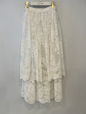 Chanel Resort 2023 White Tiered Lace Maxi Skirt with White Pearl and Crystal CC Logo Button Detail Size FR 34 (UK 6)