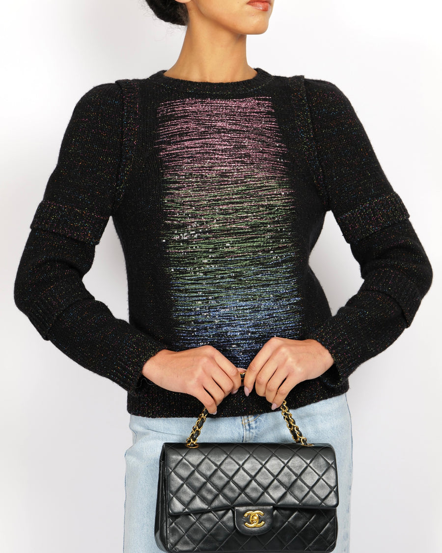 Chanel Fall 2017 Black and Multi-Colour Wool Knit Jumper with Metallic and Sequin Embellished Embroidery with Silver CC Logo Button Detail Size FR 36 (UK 8)