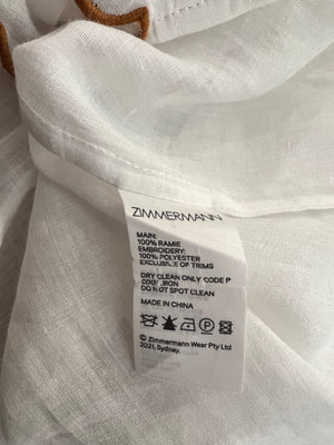 Zimmermann White Short-Sleeved Blouse with Scalloped Details and Brown Trim Size 1 (UK 10)