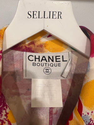 Chanel Vintage 92P Red Mini Shirt Dress with Multi-Colour Camelia and Logo Prints with Black and Gold CC Logo Buttons Details Size FR 38/40 (UK 10/12)
