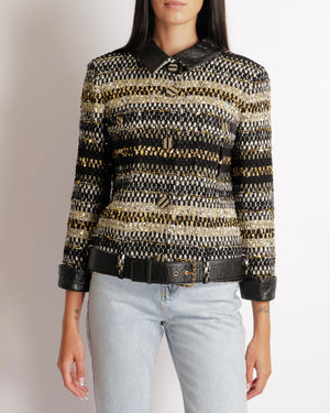 Chanel Métiers d'Art 2019 Black, White and Gold Tweed Jacket with Gold Sequin Embellishments and Leather Belt Detail with Black and Gold CC Logo Buttons Size FR 38 (UK 10)