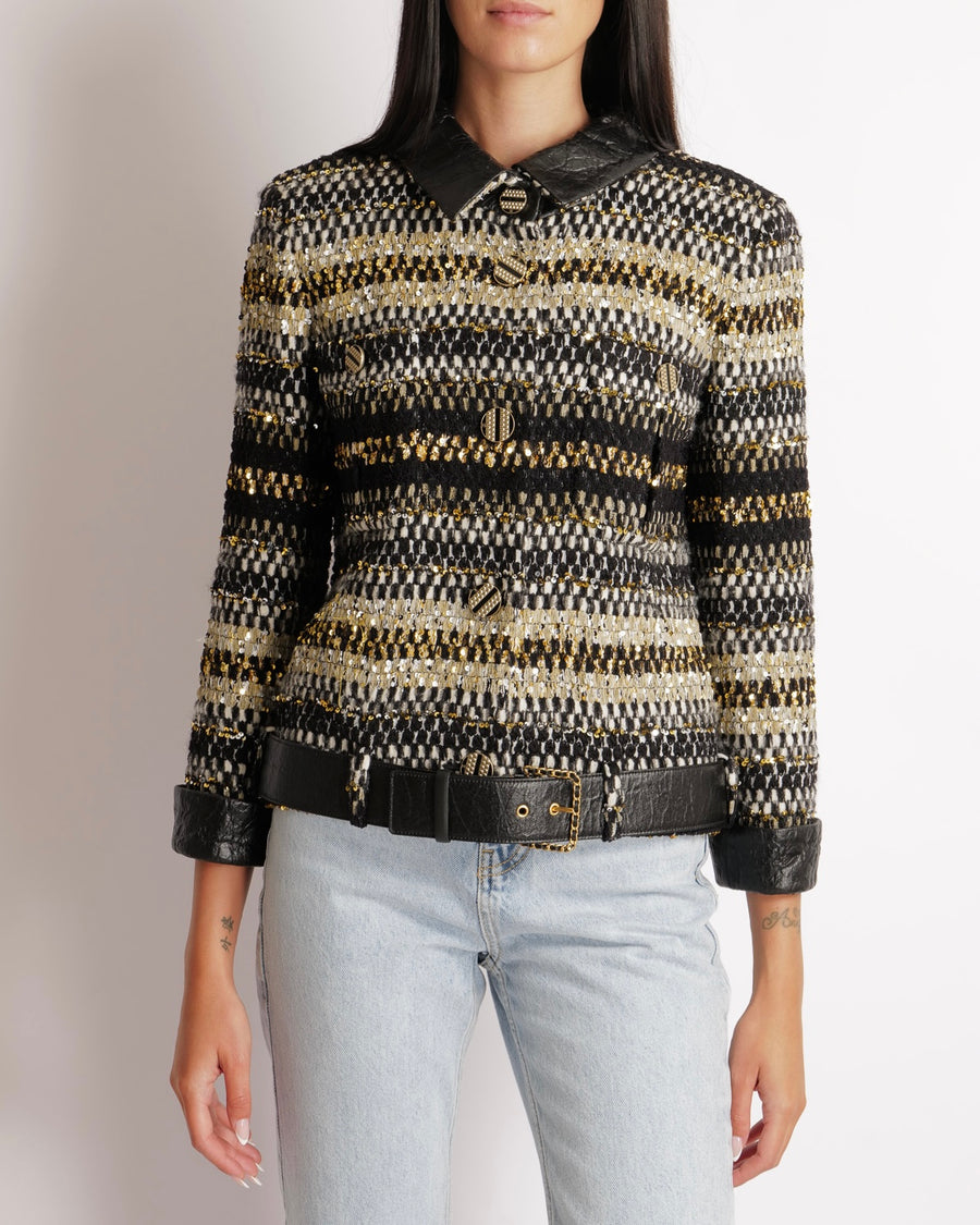 Chanel Métiers d'Art 2019 Black, White and Gold Tweed Jacket with Gold Sequin Embellishments and Leather Belt Detail with Black and Gold CC Logo Buttons Size FR 38 (UK 10)