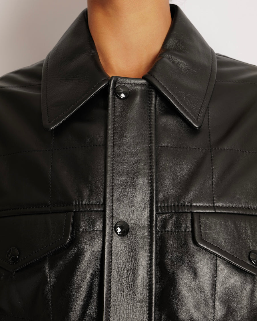 Celine Black Leather Bomber Jacket with Pocket Details Size FR 36 (UK 8)