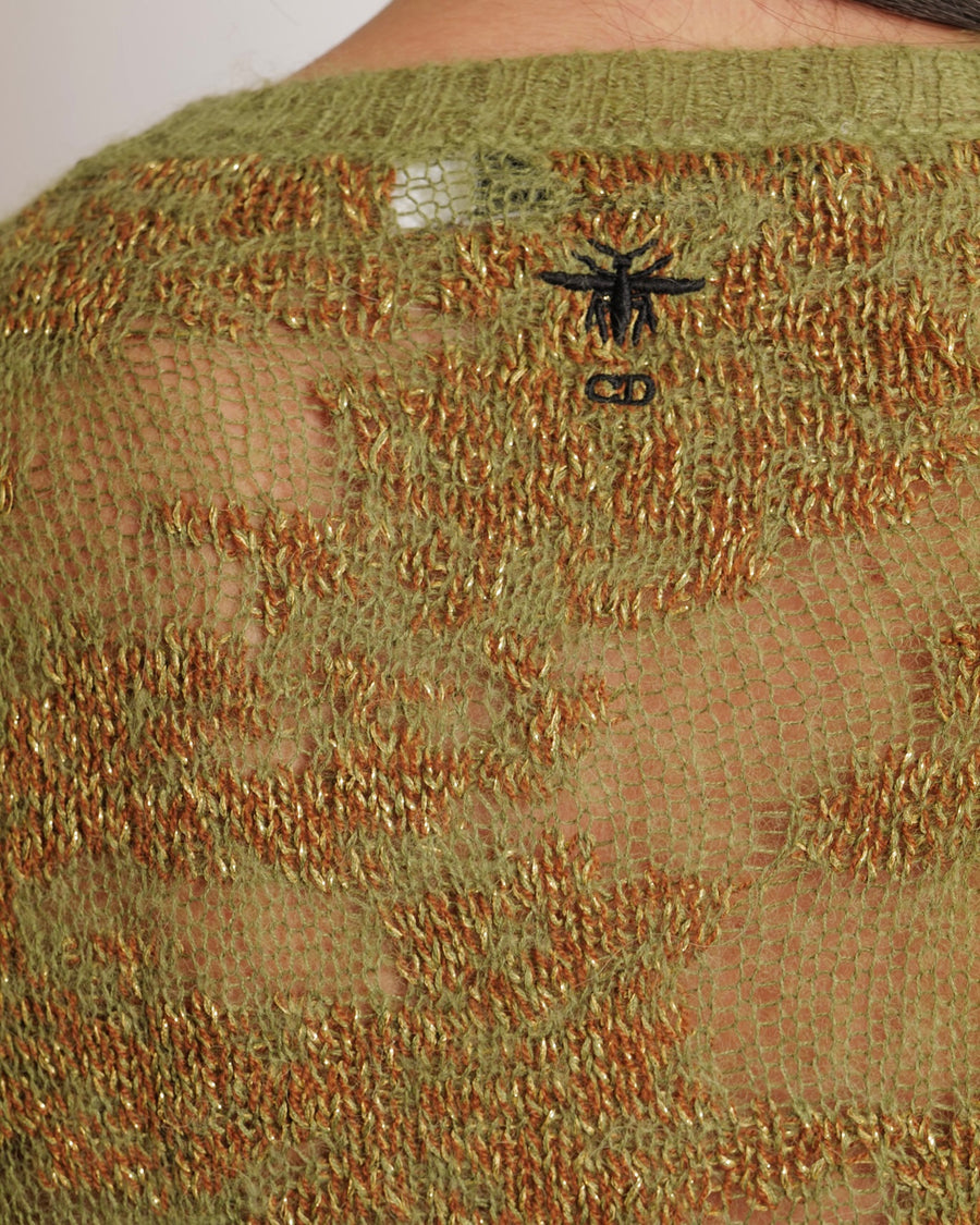 Christian Dior Green, Brown and Gold Metallic Cashmere Jumper with Back CD Logo Detail Size FR 38 (UK 10)