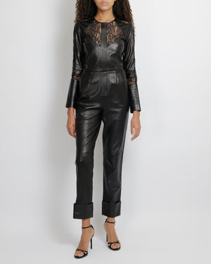 Elie Saab Black Leather Jumpsuit with Lace Sleeves and Inserts Size FR 38 (UK 10) RRP £4,350