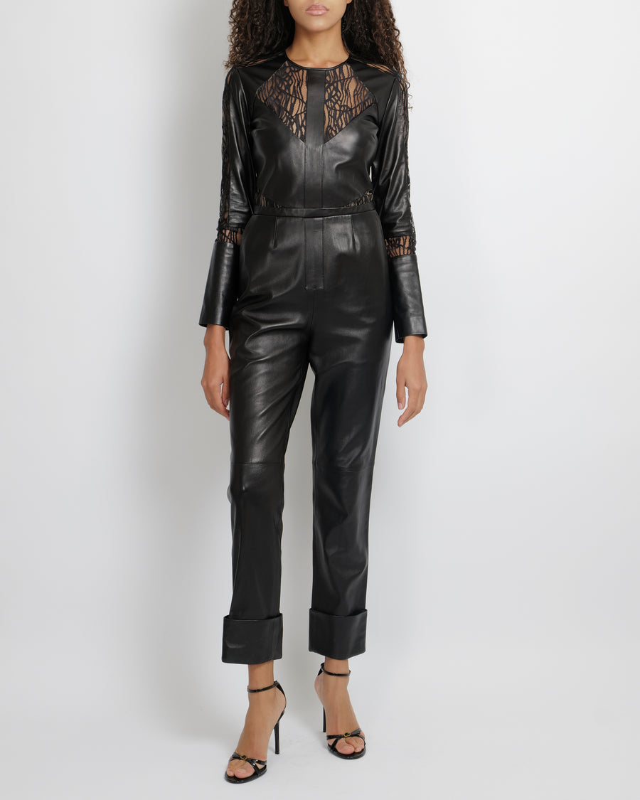 Elie Saab Black Leather Jumpsuit with Lace Sleeves and Inserts Size FR 38 (UK 10) RRP £4,350