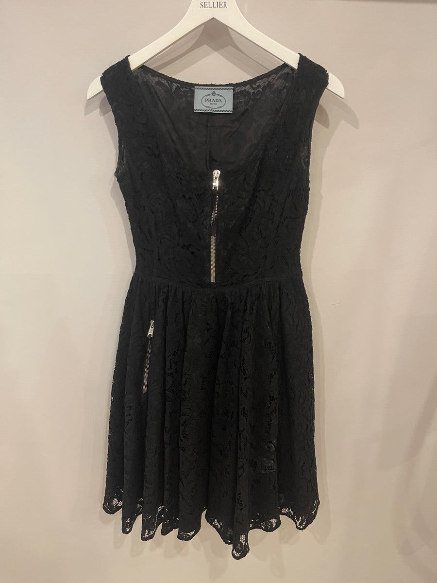 Prada Black Lace Mini Sleeveless Dress with Zip Detailing Size IT 42 (UK 10)