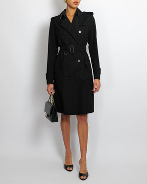 Burberry Black Trench Coat with Belt and Black Logo Button Details Size UK 8