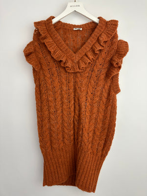 Miu Miu Burnt Orange Oversized Cable Knit Long Line Sleeveless Jumper with V-Neck and Ruffle Detial Size IT 36 (UK 4)