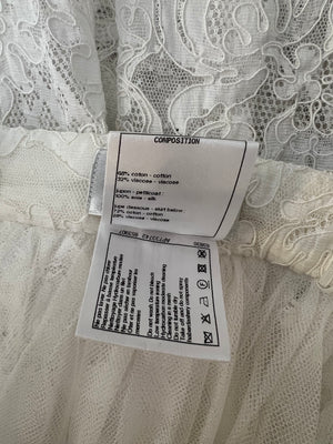 Chanel Resort 2023 White Tiered Lace Maxi Skirt with White Pearl and Crystal CC Logo Button Detail Size FR 34 (UK 6)