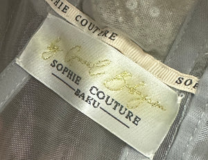 Sophie Couture Light Grey Hand Beaded Strapless Bodice Gown with Silver Leaf Embellishments  IT 40 (UK 8)