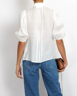 Zimmermann White Short-Sleeved Blouse with Scalloped Details and Brown Trim Size 1 (UK 10)