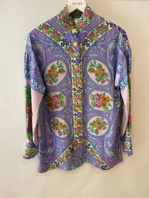 Gianni Versace Couture 90's Purple and Multicolour Silk Floral Lace Baroque Shirt with Gold Buttons Size IT 44 (UK 12)