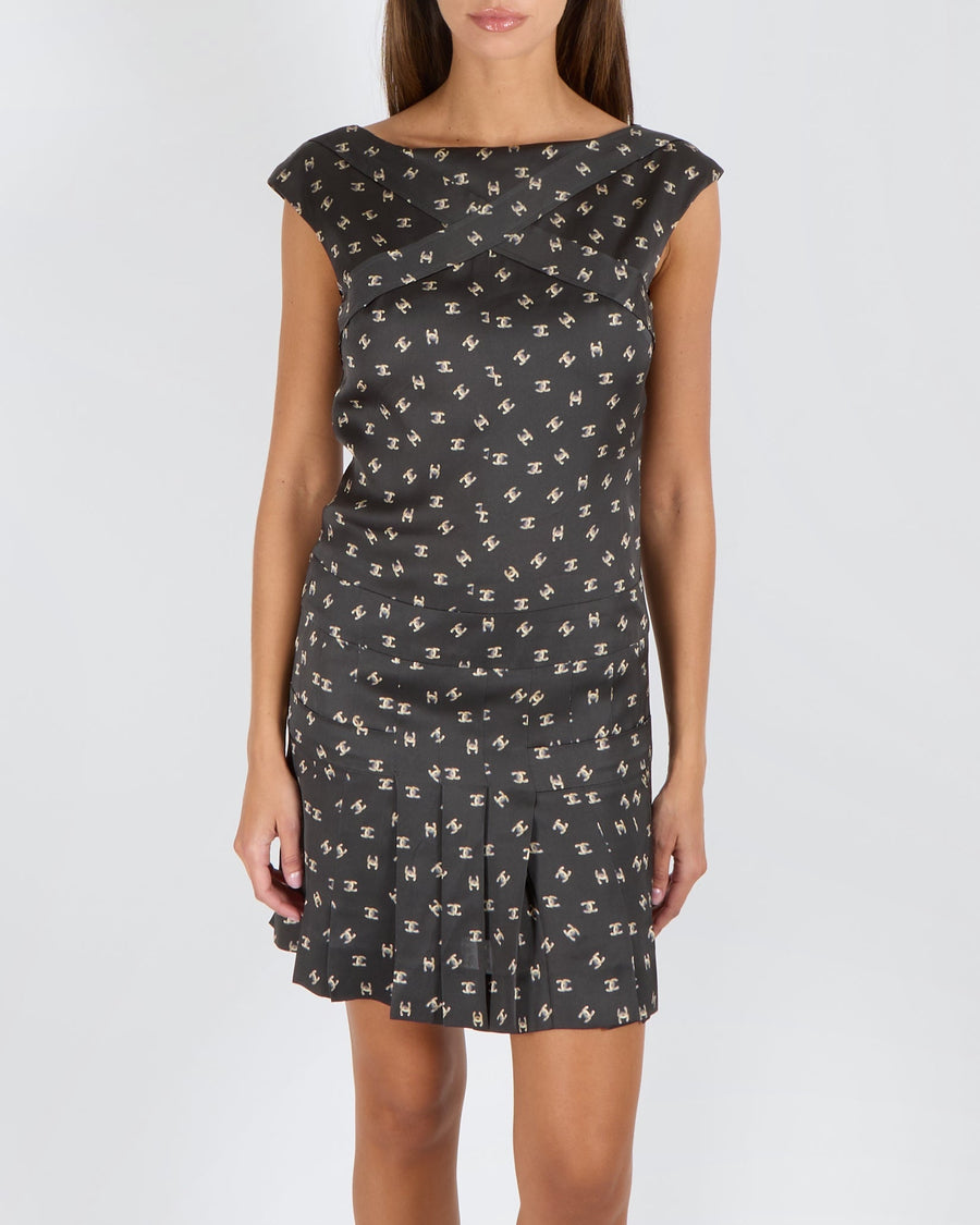 Chanel Black Silk Sleeveless Mini Dress with Beige CC Logo Prints Size FR 36 (UK 8) RRP £2,900