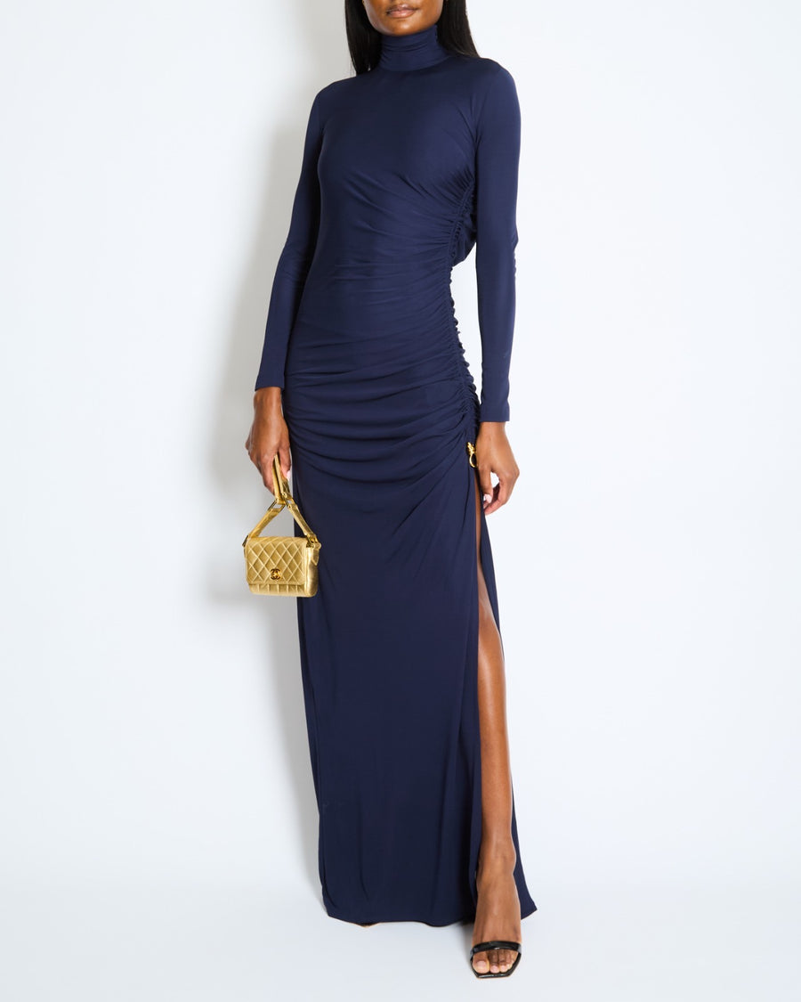 Bottega Veneta Navy Draped Maxi Dress with Side Ruching and Gold Knot Sellier Bottega Veneta Navy Draped Maxi Dress with Side Ruching and Gold Knot Sellier