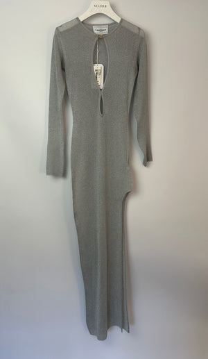 Casablanca Silver Metallic Sheer Long Sleeve Maxi Dress with Split and Gold Logo Detail Size S (UK 8)RRP 675£