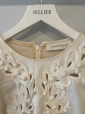Zimmermann White Linen Long Sleeved Top with Embroideries and Bead Details Size 1 (UK 10)