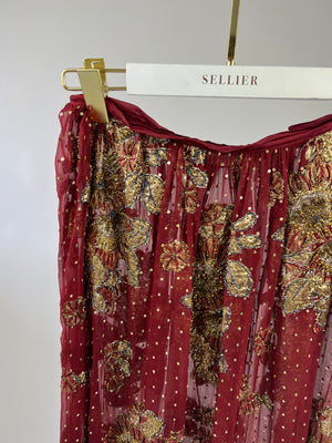 Saint Laurent Burgundy and Gold Sheer Floral Embellished Midi Skirt (UK 8)
