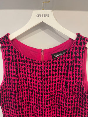 Chanel Fall 2016 Pink and Black Tweed Sleeveless Midi Dress with CC Logo Tweed Buttons Size FR 38 (UK 10)