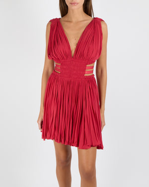 Alaia Raspberry Red The Goddess Mini Dress with Cut-Out and Pleated Details Size FR 40 (UK 12) RRP £4,300