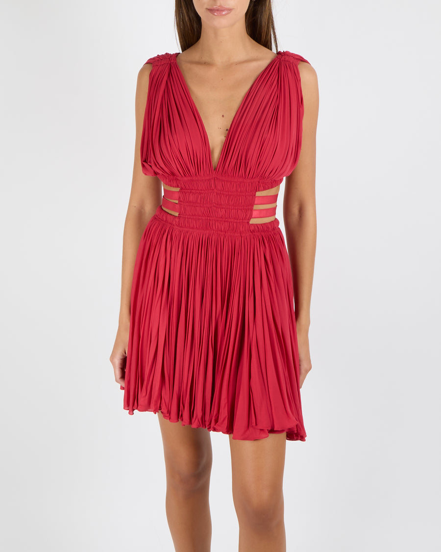 Alaia Raspberry Red The Goddess Mini Dress with Cut-Out and Pleated Details Size FR 40 (UK 12) RRP £4,300