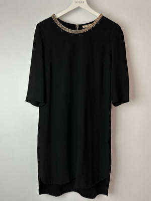 Burberry Black Mini Shift Dress With Gold Chain Neckline Detail Size UK 14
