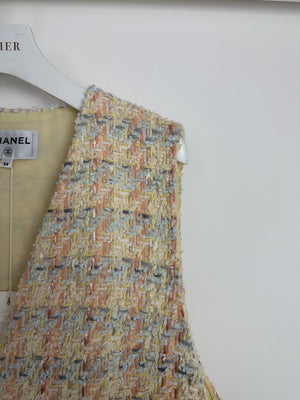 Chanel 25/P Pastel Yellow, Blue, and Pink Gilet with CC Logo Buttons Size FR 38 (UK 10)