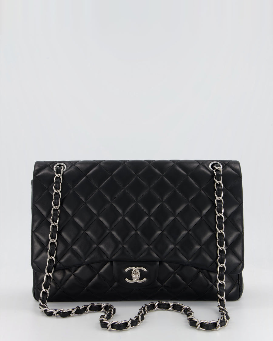 Chanel Black Maxi Single Flap Bag in Black Lambskin Leather with Silver Hardware