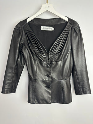 Christian Dior Black Lambskin Leather 3/4 Sleeve Top with Three Buttons Detail Size FR 38 (UK 10)