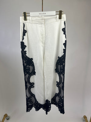 Zimmermann White Linen Pants with Navy Crochet Leg Detail UK 10