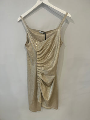 Paco Rabanne Gold Shimmery Sleeveless Mini Dress with Rouched Detail and Gold Buttons Size FR 38 (UK 10)
