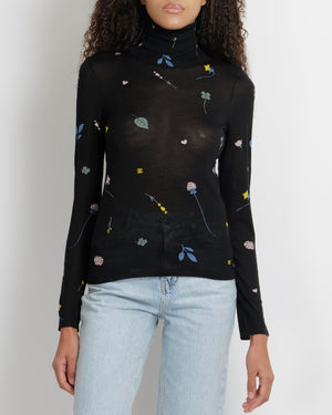 Chanel 18B  Black Cashmere High-Neck Jumper with Multi-Colour Floral and CC Logo Embroideries with Black and Silver CC Logo Button Detail Size FR 34 (UK 6)