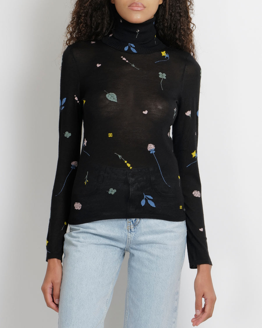 Chanel 18B  Black Cashmere High-Neck Jumper with Multi-Colour Floral and CC Logo Embroideries with Black and Silver CC Logo Button Detail Size FR 34 (UK 6)
