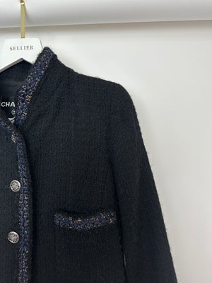 Chanel 10/A Black Collarless Long Sleeve Tweed Jacket with Navy Trim and Silver Button Details Size FR 36 (UK 8)